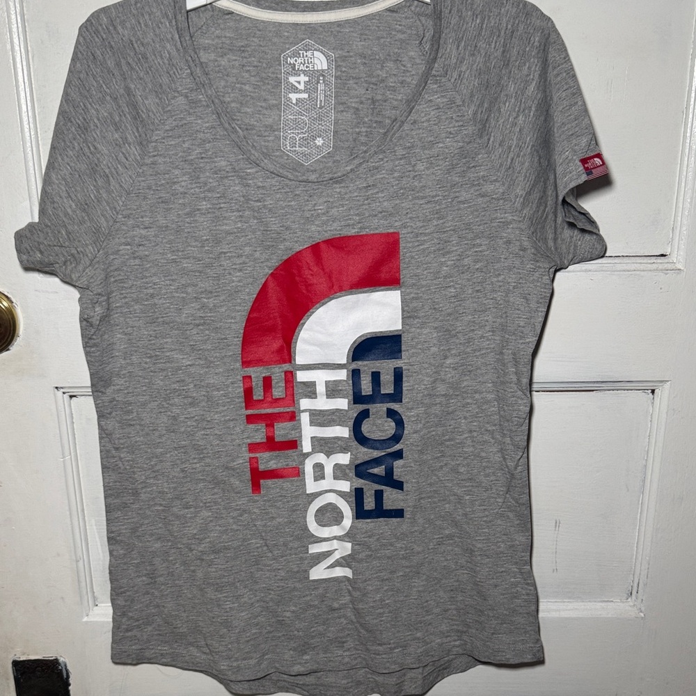 The North Face Women's Gray Tee with Red, White, and Blue Design